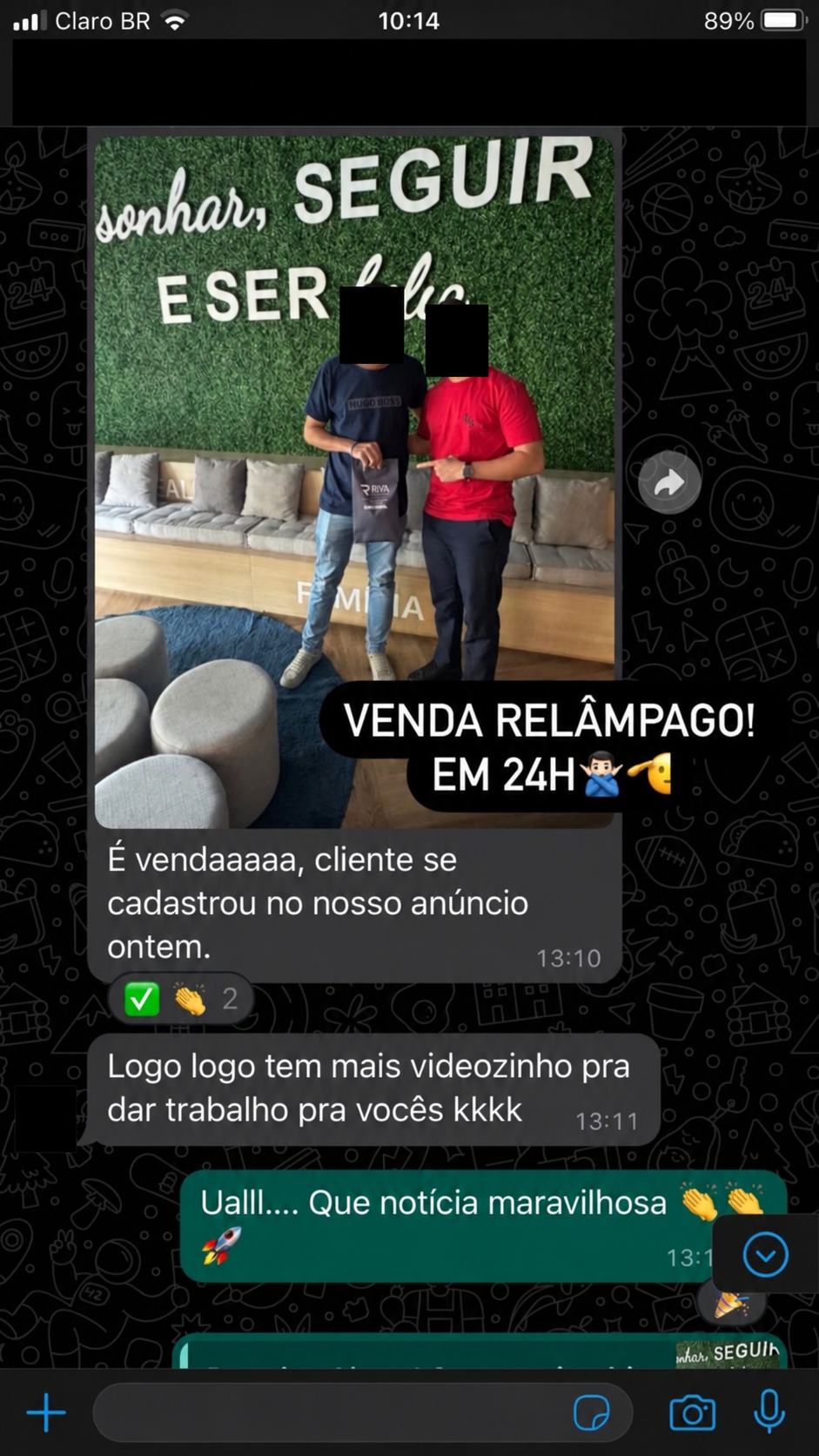 Print de conversa com venda relâmpago; dados pessoais ocultos