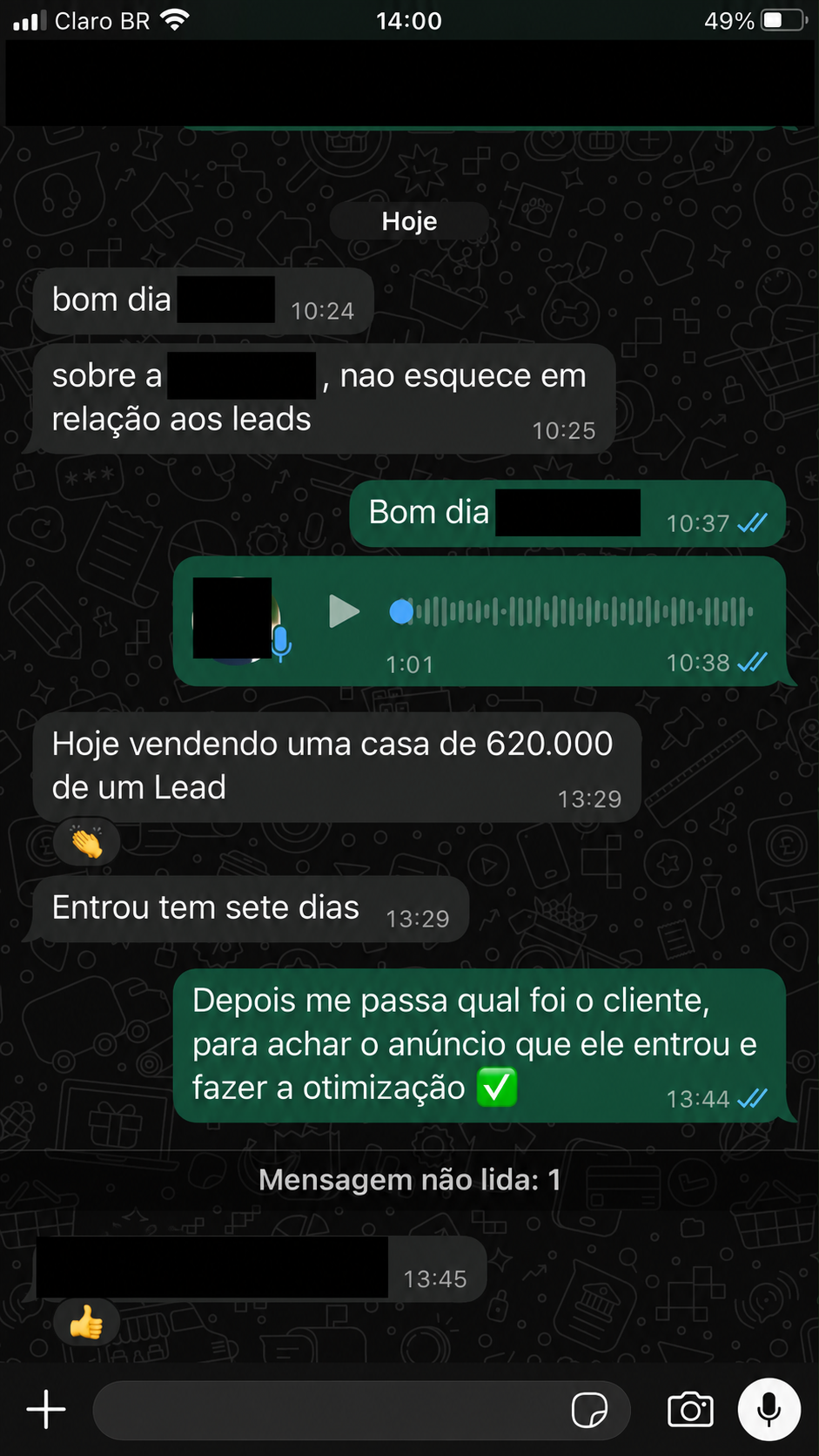Print de conversa com casa vendida a um lead; dados pessoais ocultos