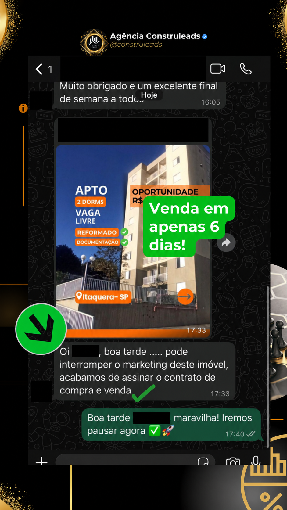 Print de conversa com compra e venda assinada; dados pessoais ocultos